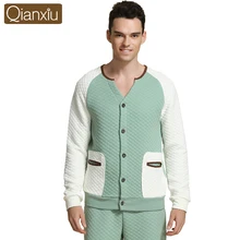 Осенне-зимняя Домашняя одежда, мужская повседневная Лоскутная Пижама, наборы, мужская хлопковая бархатная Пижама, костюм для влюбленных, пальто с v-образным вырезом+ штаны