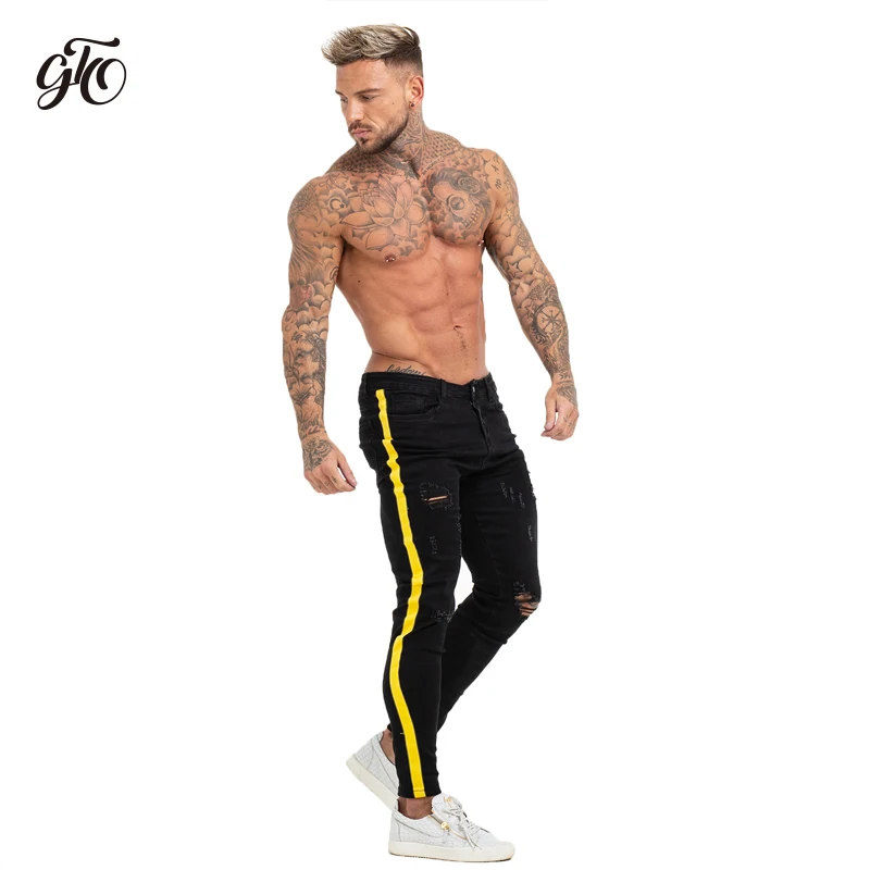 Skinny Jeans Men Yellow Stripe Mens Skinny Biker Jeans Denim Super Spray on Factory Direct Supply Dropshipping Big Size zm68