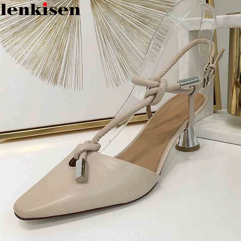 

Lenkisen cgenuine leather pointed toe strange high heels shoes high fashion slingback metal fasteners women art design pumps L55