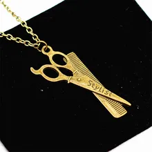 

new fashion barber scissor comb stylist Pendants round cross chain necklace