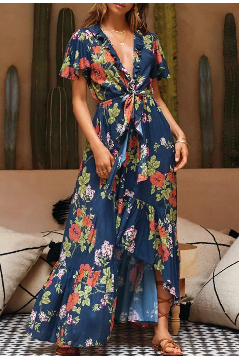 Летнее женское длинное платье Simplee, с короткими рукавами, асимметричное элегантное праздничное платье большого размера с V-образным вырезом, цветочным принтом