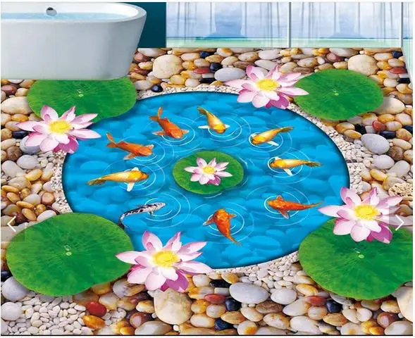 

Custom photo wallpapers 3d flooring painting wallpaper Figure 3d nine fish lotus cobble floor painting living room wallpaper