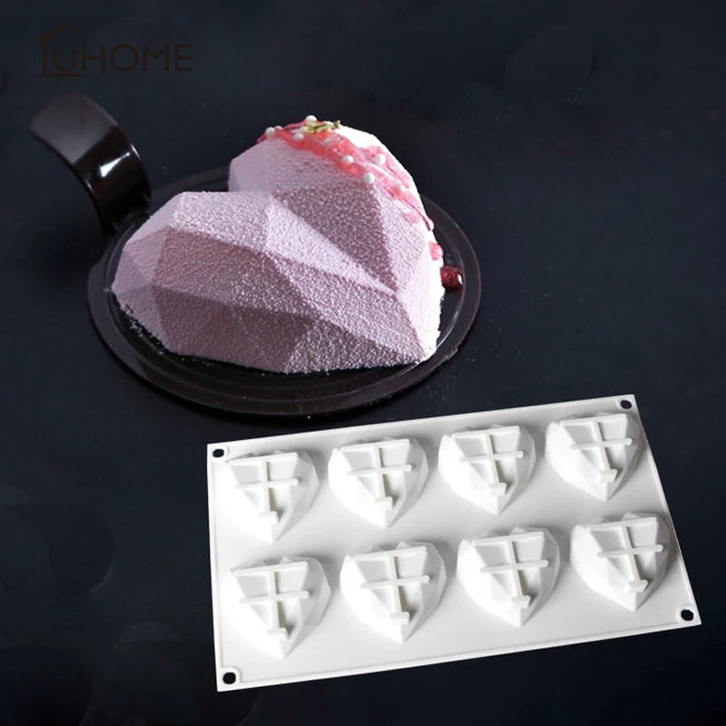 8 Holes 3D Diamond Love Heart Shape Silicone Molds Bakeware for Sponge