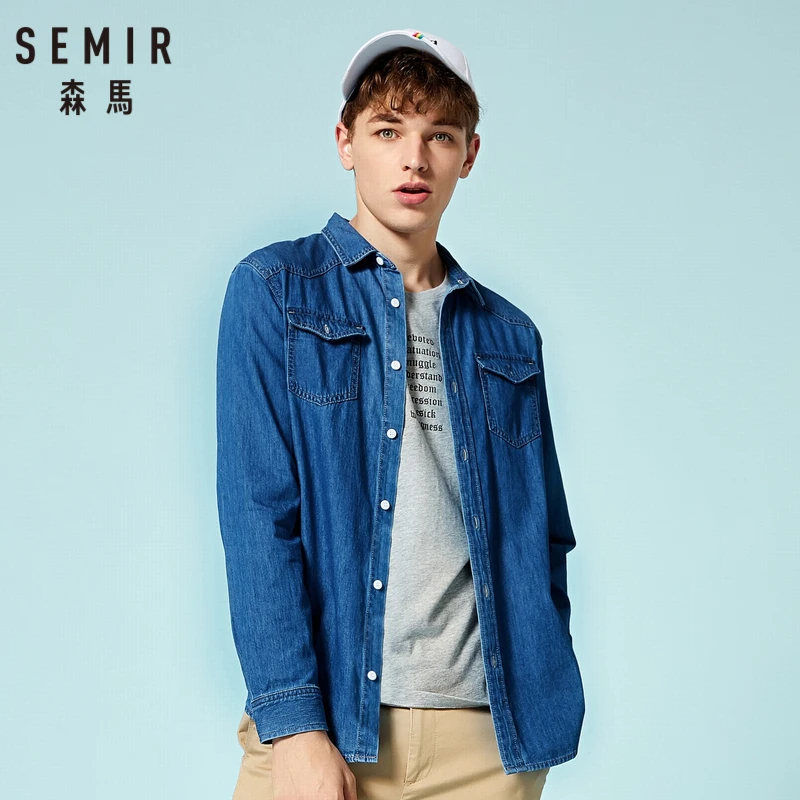 SEMIR Мужская джинсовая рубашка из хлопка, куртка из Джерси на подкладке с отложным воротником, рубашка с длинным рукавом и нагрудным карманом на талии