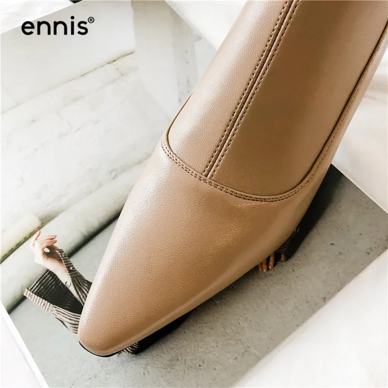 ENNIS Fashion Stretch Ankle Boots Women High Heel Boots Genuine Leather Boots Pointed Toe Shoes Autumn Winter Black A985