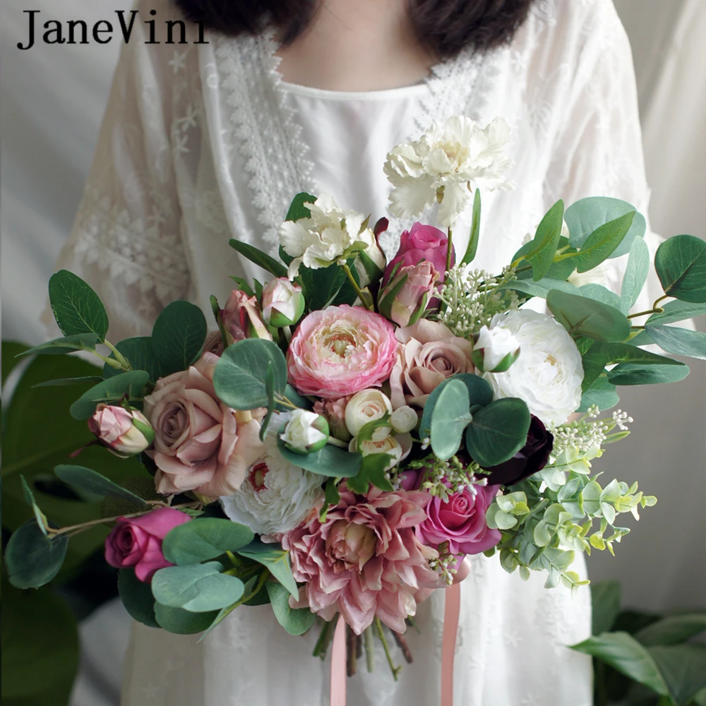 JaneVini Romantic Wedding Bouquets Pink Silk Bridal Flowers Green Leaves Eucalyptus Outdoor Brides Fake Bouquet Rose Articielle