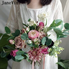 JaneVini Романтические свадебные букеты, розовые шелковые свадебные цветы, зеленые листья эвкалипта, искусственный букет невесты