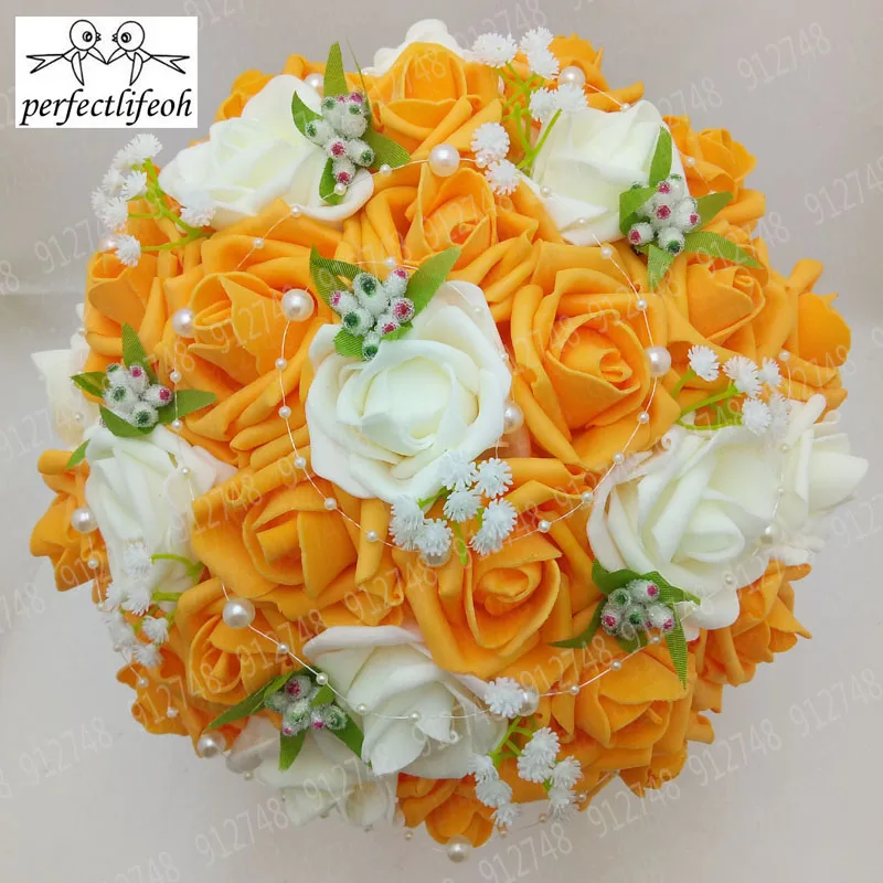 Wedding Bouquets Artificial Rose Flowers Pearls Lace Accents Ribbon