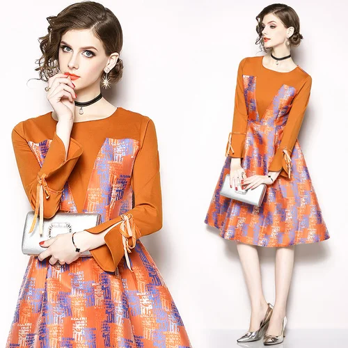 

Europe will spot the new jacquard dress a word long sleeve splice female show thin