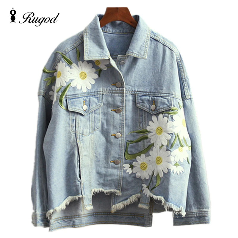

2019 New Fashion Arrival Women's Embroidery Denim Jackets Vintage Casual Long Sleeve Loose Coat Female Jean Jacket Outerwear