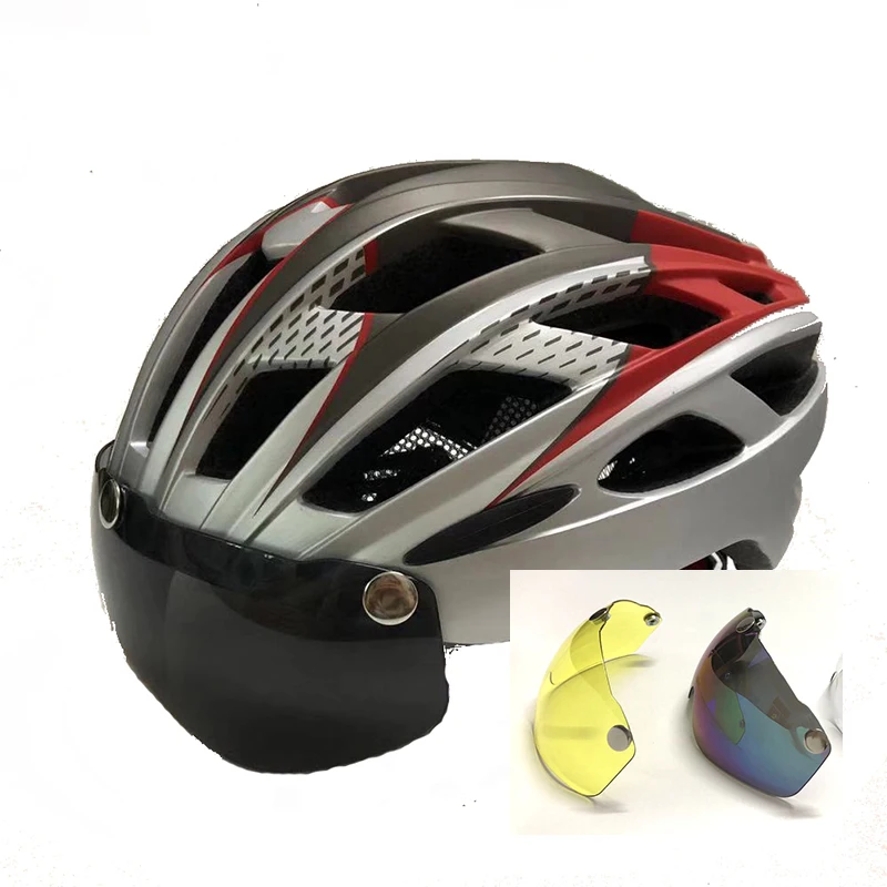 Велосипедный шлем линзы солнцезащитные очки козырек велосипедный шлем casco ciclismo capacete da bicicleta bici Mtb горный велосипед шлем 58-61 см - Цвет: sliver in 3lens