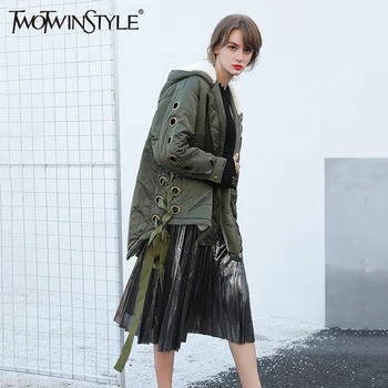 

TWOTWINSTYLE Winter Jacket Women Parka Coats Real Fur Hooded Down Jackets Lace up Long Sleeve Casual Clothes Korean Army Green