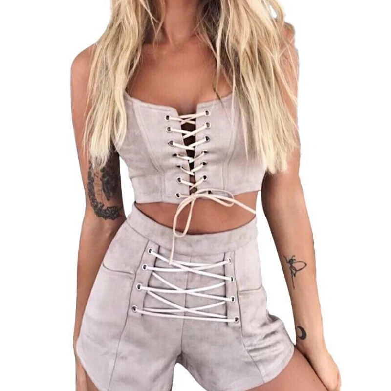 KLJR Women Tops Party Crop Sleeveless with Shorts Two Pieces Sweatsuit Set 