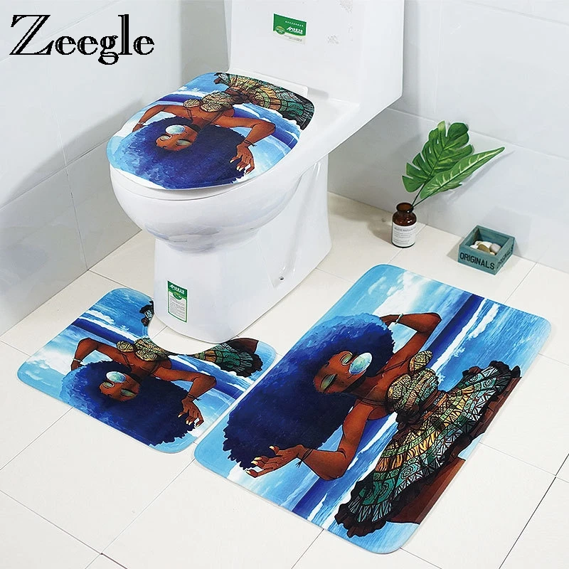 

Zeeglen 3Pcs/Set Bathroom Mat Set Personality Girl Pattern Bathroom Floor Rugs Cushion Toilet Seat Cover Microfiber Bath Mat Set