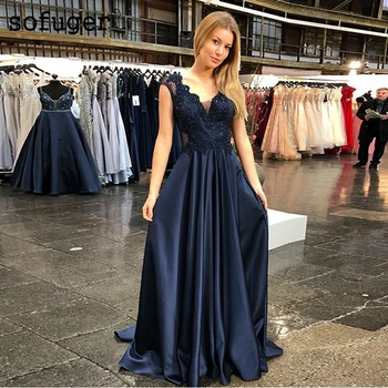 

Navy Blue V Neck Illusion Back Evening Dresses Lace Appliques Floor Length Arabic Muslim Special Occasion