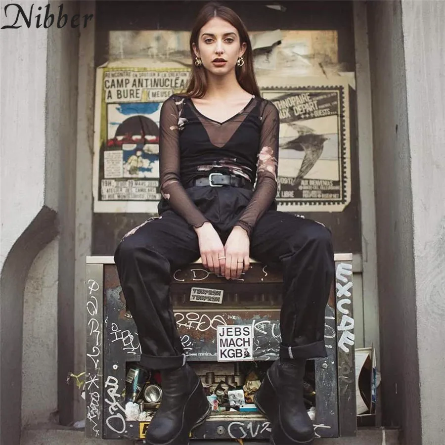 

Nibber Women Sexy Mesh Net See Through T-Shirt Long Sleeve Transparent black Print Base Top 2019 New Ladies Casual Streetwear
