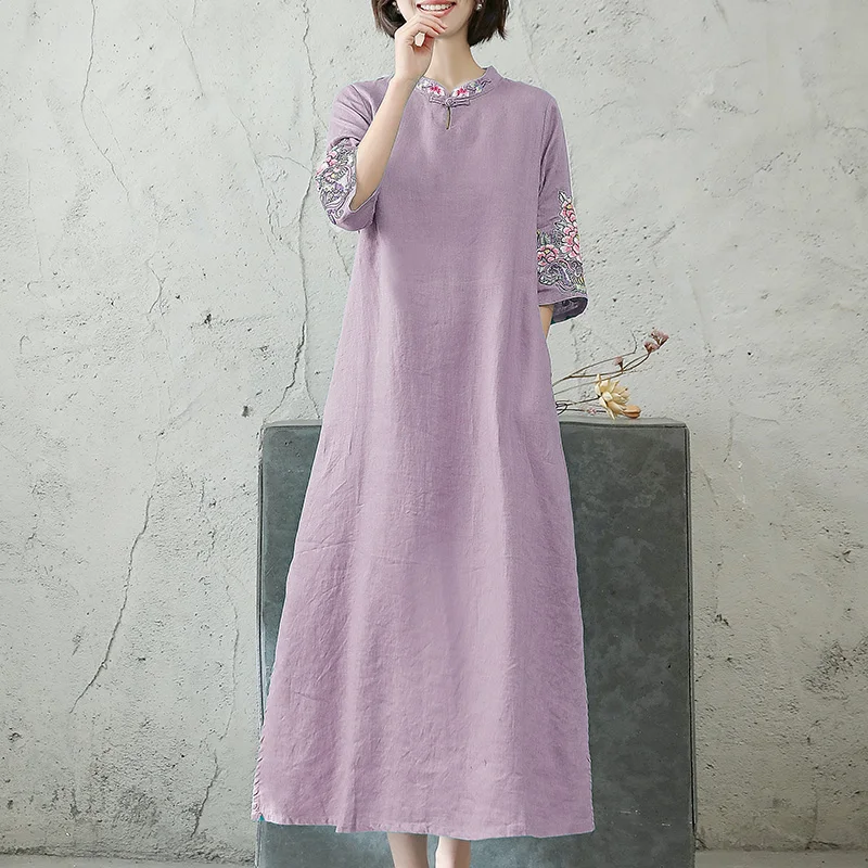 

Summer Printing Cotton Linen Dresses Loose Embroidered Vintage Retro Half Sleeve Dress Medium Length Dress