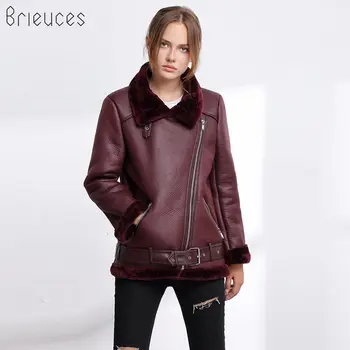 

Brieuces 2019 PU Leather Winter Jacket Women Warm Faux Fur Inside Collar Coat Fashion Moto Oversized Zipper Pocket Sashes Jacket