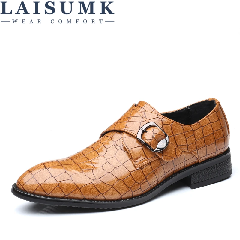 

LAISUMK Handmade Men Formal Shoes Luxury Genuine Leather Oxford Shoes Pointed Toe Buckle Strap Flats Wedding Dress Plus Size 48
