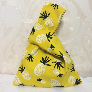 

YILE Handmade Yellow Cotton Canvas Wrap Knot Wrist Bag Key Phone Wristlet Print Pineapple W29
