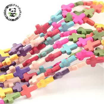 

stone beads strands, synthetical howlite, cross, dyed, mixed color, size: about 12mm wide, 16mm long, 4mm thick, hole: 1mm,