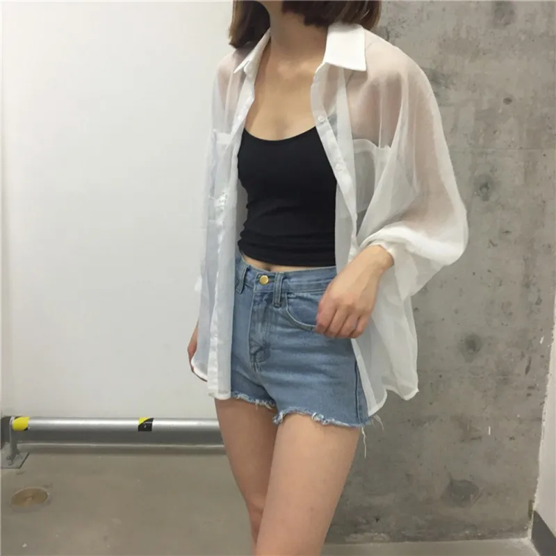 

Summer White Women Shirt Cotton Linen Button White Blue Floral Turn-down Collar Transparent Loose Blouse