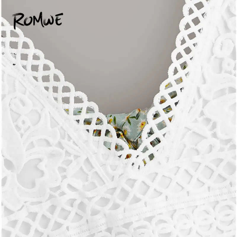 ROMWE контрастный кружевной топ в стиле бохо на бретельках с цветочным принтом и рюшами на подоле для женщин, с цветным блочным галстуком и бантом сзади, жилет на бретельках