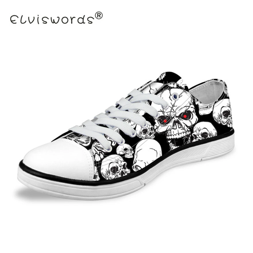 

ELVISWORDS Skull Printing Men's Vulcanize Shoes Teenagers Punk Style Sneakers for Student Cool Canvas Shoes Lace-up Walking Shoe