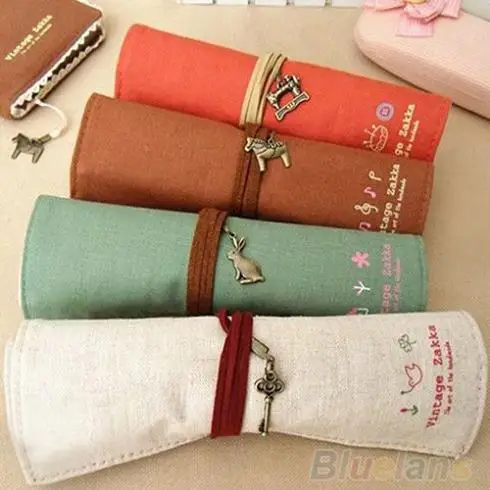 

Fantastic Pencilcase Hot Retro Canvas Bag Stationery Holder Roll Up Pen Large Capacity Brushes Makeup Pencil Case Pouch