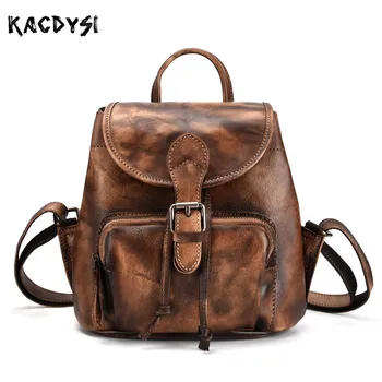 

Handmade Vegetable Tanned Leather Small Women Backpack Vintage Brush Color Luxury Famous Brand Girls Bookbags Fashion Travel Bag