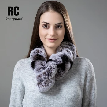 

[Rancyword] Women Scarf Winter real rabbit fur Scarves Knitted natural fur Collar Warm Neck scarf Pompoms 2017 Brand New RC1338