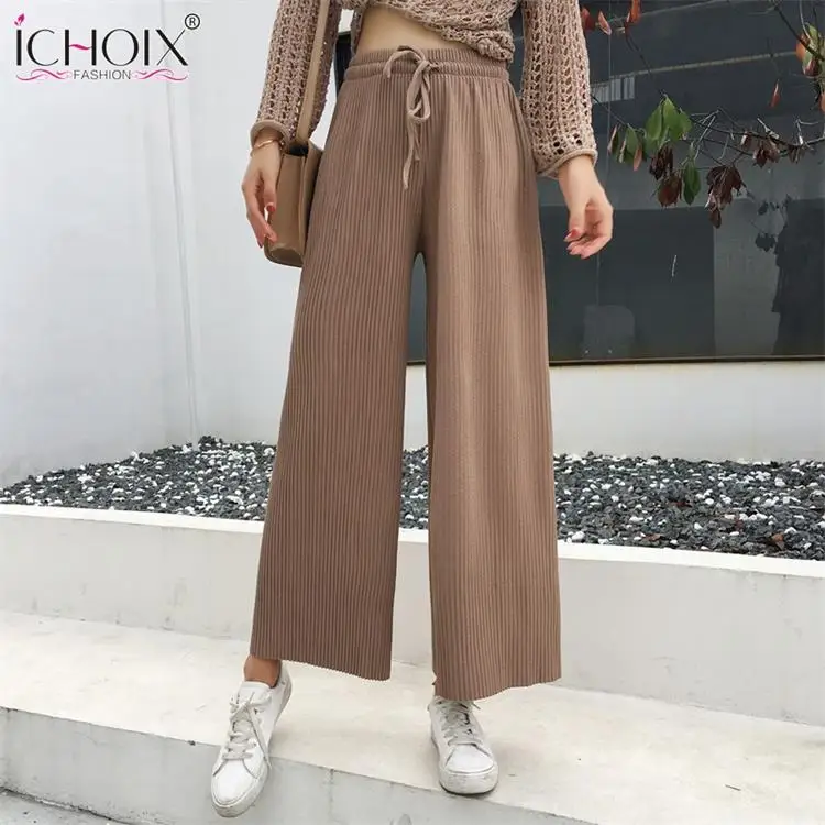 ICHOIX, новинка, стильные плиссированные женские брюки, элегантные, свободные, обтягивающие, длинные штаны, одноцветные, широкие штаны, корейская мода, повседневные штаны - Цвет: brown