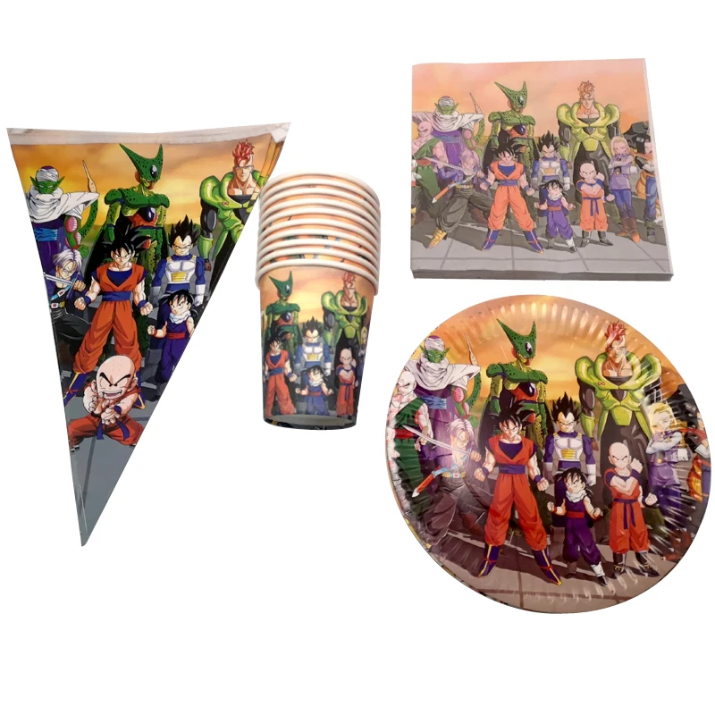 80 шт Dragon Ball тематические тарелки чашки Детские украшение душевой кабины для мальчиков баннер посуда набор «С Днем Рождения» события вечерние флаги салфетки