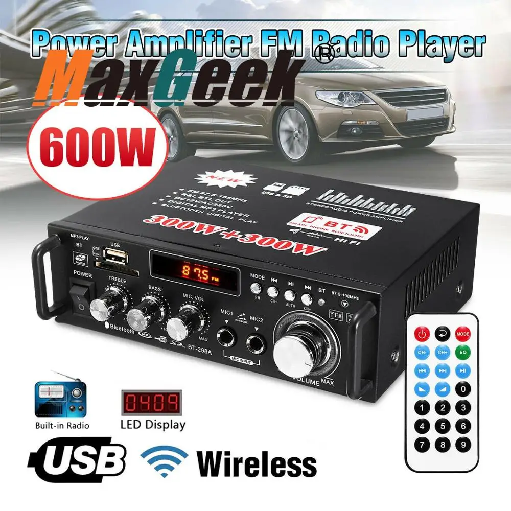 

600W Speaker Amplifier HiFi Mini Amplifier 2CH FM Radio LCD Display Home Car 298A Bluetooth Version