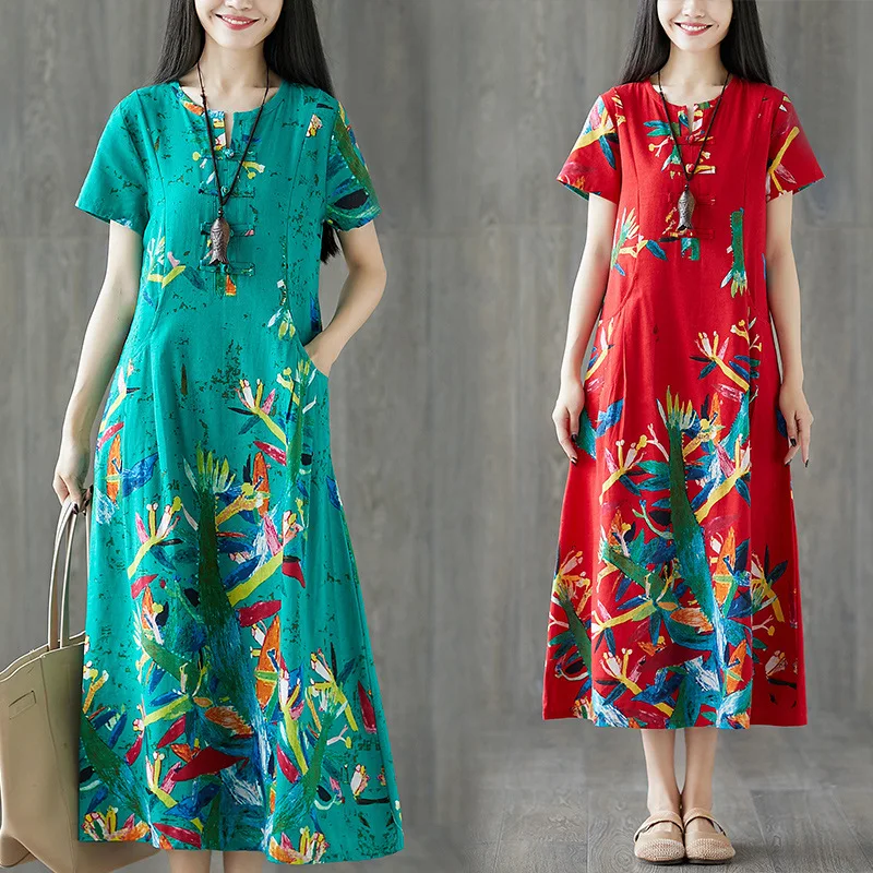 

2019 Cotton Linen Summer Dress Women Boho Loose Casual Maxi Long Dress Vintage Flora Print Beach Dresses Chinese Style Vestidos
