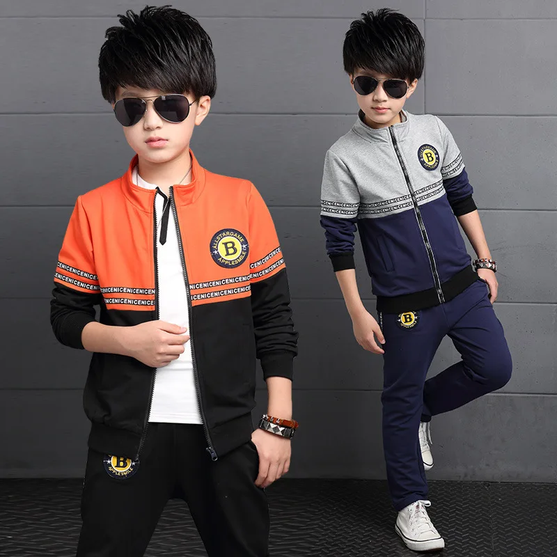 

2017 new boys spring tracksuits children set orange blue long sleeve sport suit jacket + pant for 7-11 12 13 14 years boys