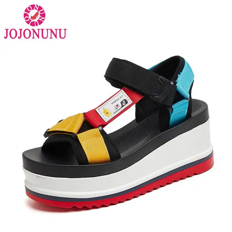

JOJONUNU Women Chunky Sandals Mixed Color Nylon Sneaker Sandals Casual Thick Bottom Platform Outdoor Shoes Women Size 35-39