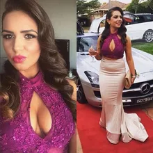 Top Fuschia Abendkleider Meerjungfrau Zweiteiler Prom Kleider 2016 High Neck Sleeveless Keyhole Sexy Vestido De Festa