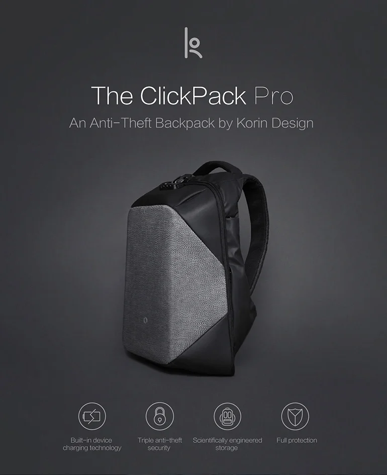 Рюкзак Korin Design ClickPack Pro с защитой от порезов, с USB зарядкой, сумка для ноутбука 15,6 дюймов для мужчин и женщин, рюкзак для ноутбука