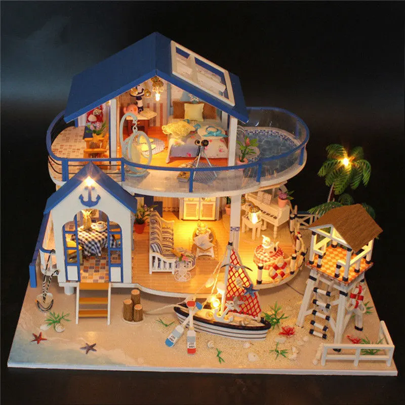 DIY светодио дный LED кукольный домик море миниатюрная вилла с мебель деревянный дом номер модель комплект подарки игрушечные лошадки для