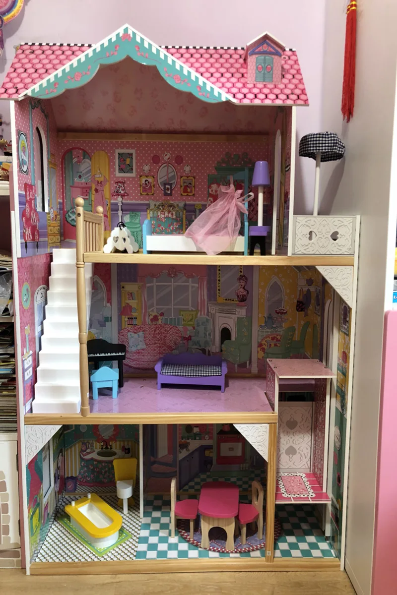 Большой роскошный деревянный дом для девочек, игрушка для ролевых игр, детская розовая настоящая деревянная кукла, вилла с кукольной мебели, подарок на день рождения, 80*42*120 см
