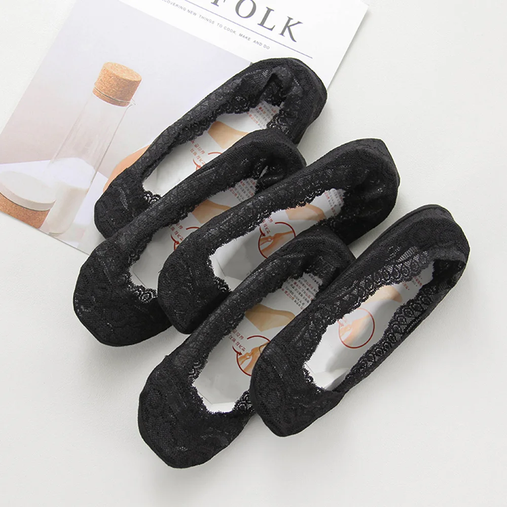 5 пар, женские модные низкие кружевные тапочки, носки Женская обувь для девочек невидимая Тонкая Повседневная обувь, 043-779 - Цвет: Черный