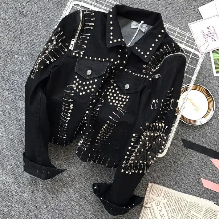 2018 New Autumn Lapel Long Sleeve Solid Color Black Rivet Safety Pin 