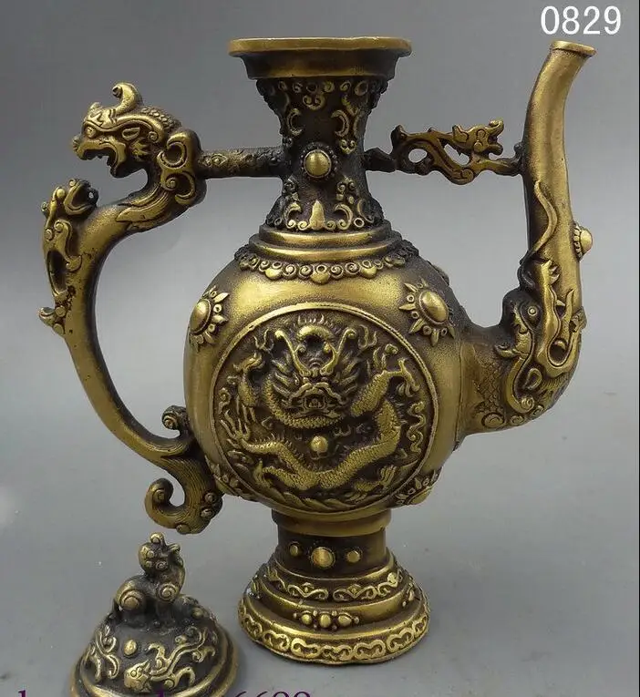 Народное искусство Китая китайская латунь JiXiang Fly Dragon Pearl Beast чайник скульптура