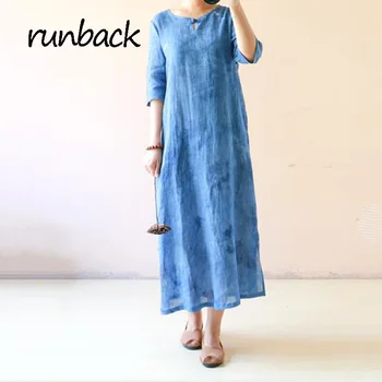 

Runback Blue Summer Vintage Dress Women 2020 Loose Plus Size Robe Longue Femme Half Sleeve Ankle Length A-line Jurken