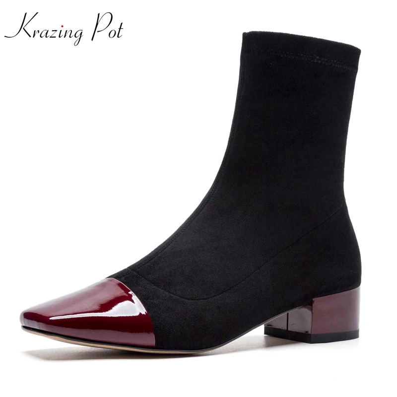

Krazing pot genuine leather flock 2018 Winter women brand fashion boots square toe mixed color gladiator stretch ankle boots L35