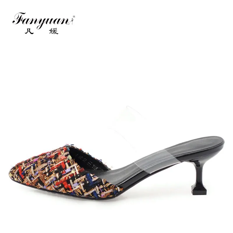

2018 Hot Summer Fanyuan Lady heels Mixed color Women high heel Mules Shoe Costume tweed Pointed toe female's Transparent heels