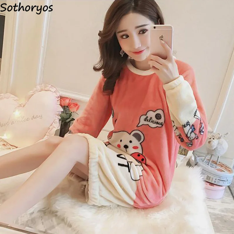 Ночные рубашки женские Мультяшные толстые теплые мягкие Kawaii корейский стиль трендовая женская пижама Повседневная простая Домашняя одежда с круглым вырезом и длинным рукавом