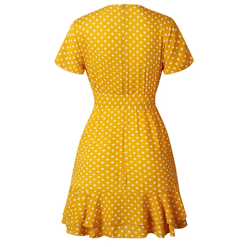 New Women Fashion Summer Casual Daily Loose Dot Printing Short Sleeve Sexy V Neck Mini Dress Evening Party Dress #4A24 (28)