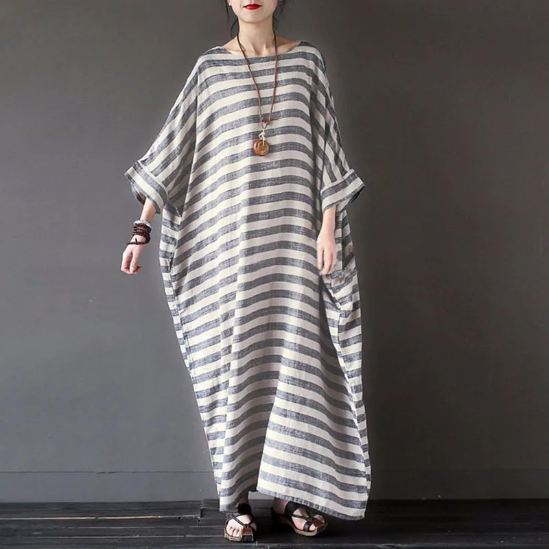 

Women Elegant Striped Print Dress 2018 Spring Oversized Women O Neck Batwing Sleeve Maxi Long Dresses Vestidos Big Size Baggy